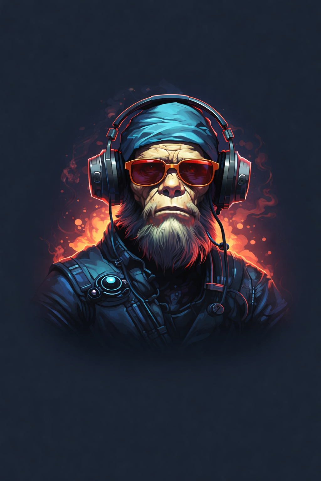 Nfinit Monkeys cyberpunk mascot — an ape wearing a teal beanie, orange sunglasses, and tactical gear with fiery energy effects